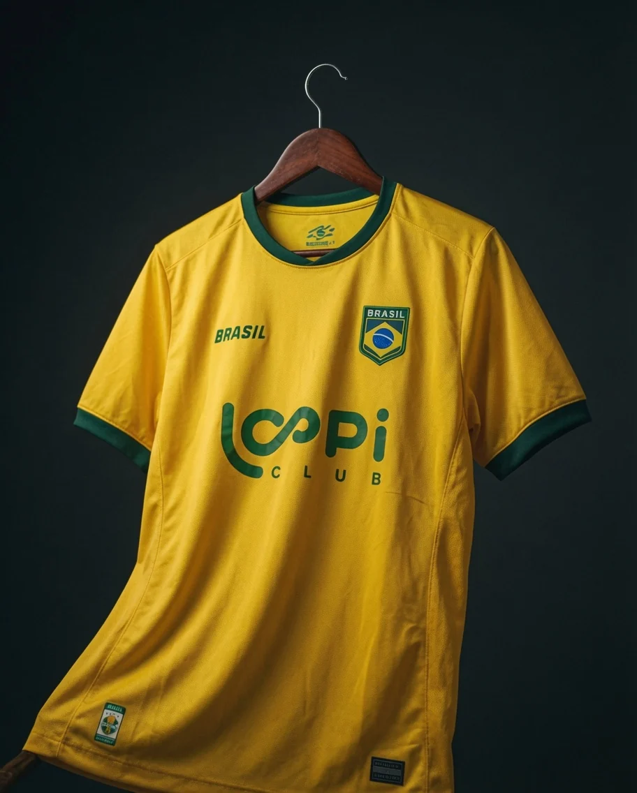 Camisa Loopi amarela pendurada em cabide de madeira